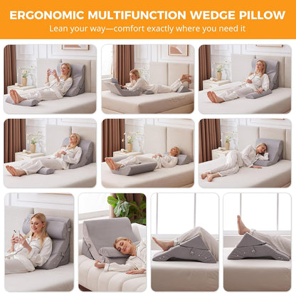 Ruqmuis 3PCS Wedge Pillow Set for After Surgery, Adjustable Back Pillow for Bed Sitting up, Acid Reflux, Bed Wedge Pillow Headboard for Sleeping & Snoring, Orthopedic Pillow for Post Surgery, White
