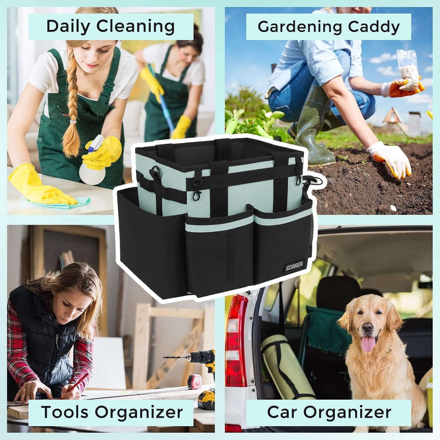SCAVATA Compact Wearable Cleaning Caddy with Handle & Shoulder Straps | Small Cleaning Supplies Organizer, Under Sink & Car Cleaning Tools Storage Bag for Housekeepers Cleaners, Black