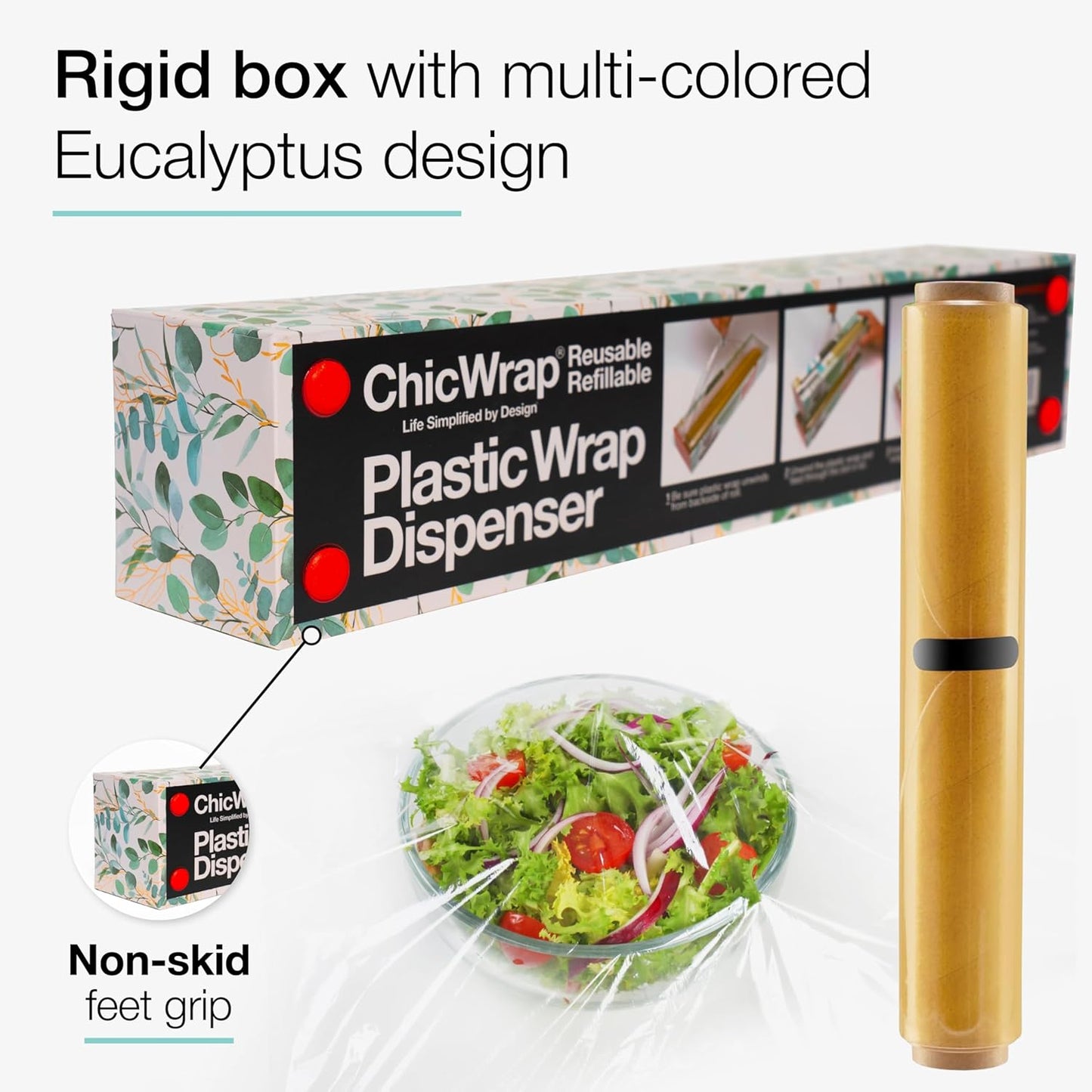 Chicwrap Veggies Refillable Plastic Wrap Dispenser - Includes One 12" x 250' Roll of Professional Grade Plastic Wrap - BPA Free and Kosher Certified - Reusable Dispenser w/Slide Cutter | Reusable Plastic Wrap Dispenser with Four Non-Slip Rubber Feet and