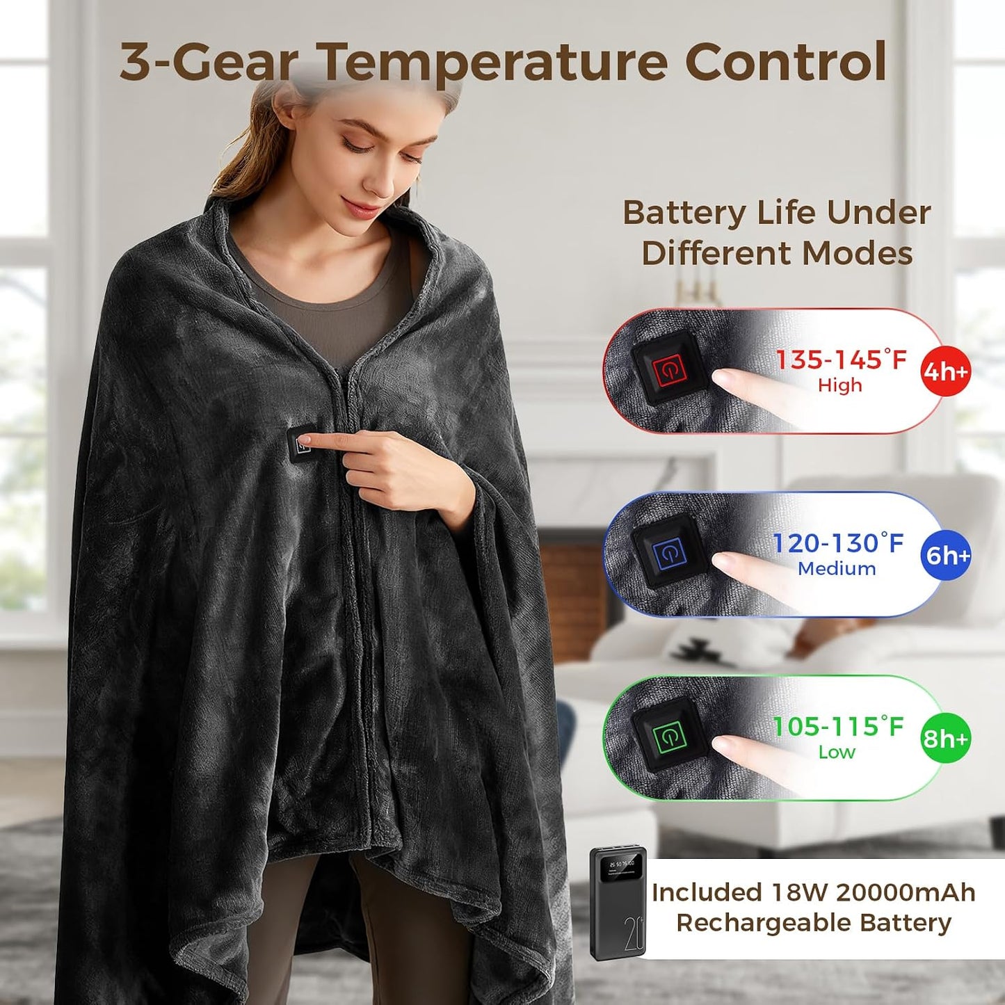 Cordless Portable Heated Blanket Battery Operated, 20000mAh Battery Rechargeable Heated Blanket with 3 Heating Levels, 70"x40" USB Wearable Electric Blankets for Camping, Home, Office, Car.