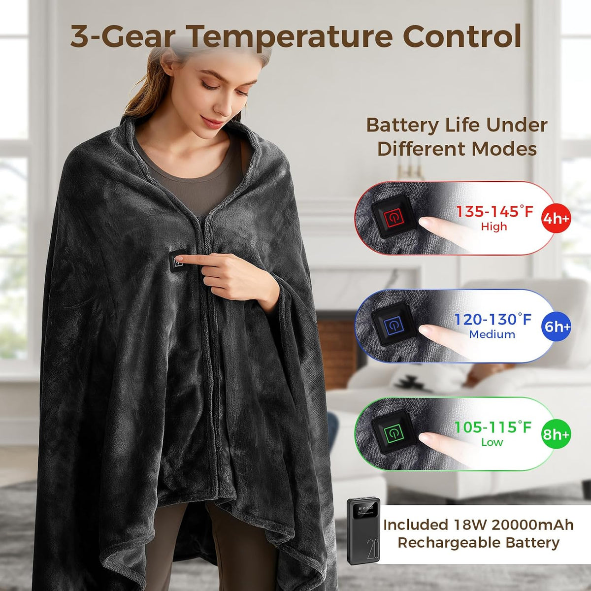 Cordless Portable Heated Blanket Battery Operated, 20000mAh Battery Rechargeable Heated Blanket with 3 Heating Levels, 70"x40" USB Wearable Electric Blankets for Camping, Home, Office, Car.