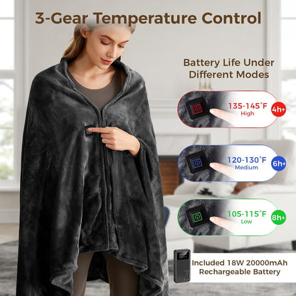 Cordless Portable Heated Blanket Battery Operated, 20000mAh Battery Rechargeable Heated Blanket with 3 Heating Levels, 70"x40" USB Wearable Electric Blankets for Camping, Home, Office, Car.