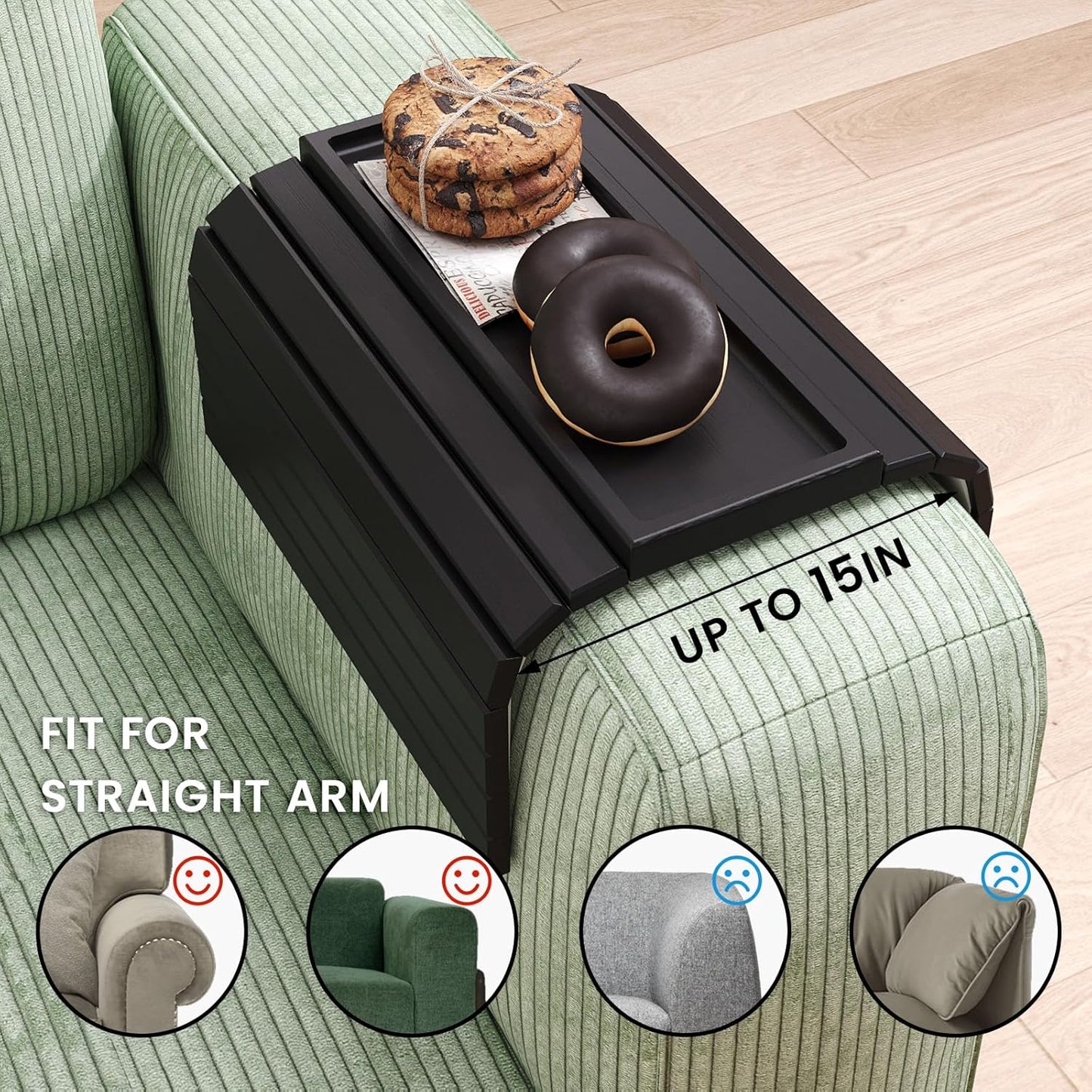 Bamboo Folding Sofa Arm Tray with Anti-Slip Pad (Natural) | Couch Armrest Tray,Foldable Build, Space-Saving Storage, No Assembly, easy to clean, universal arm fit,Gift box