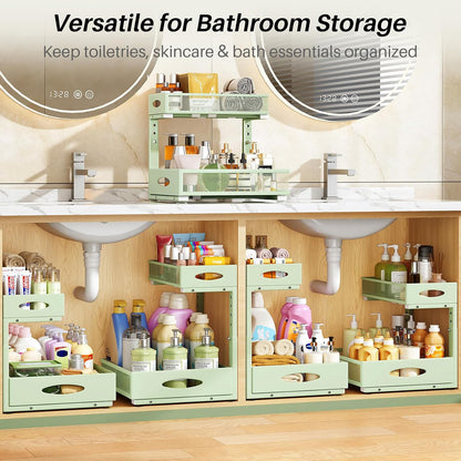 Under Sink Organizer, 2-Pack Pull Out Cabinet Organizer 2 Tier Metal Slide Out Storage Shelf Rack, L-Shaped Adjustable Height,Mesh Sliding Drawer for Kitchen, Bathroom, Laundry, Pantry, White, XL