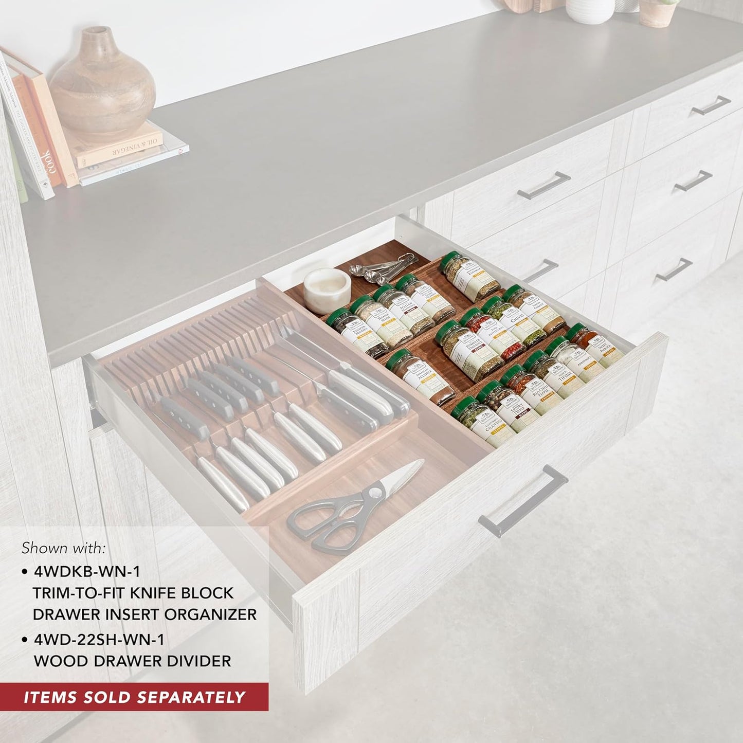 Rev-A-Shelf Trim-to-Fit Knife Block Drawer Insert Organizer with Separate Compartment for Kitchen Utensils, 55 Slot Storage Tray, Walnut, 4WDKB-WN-1