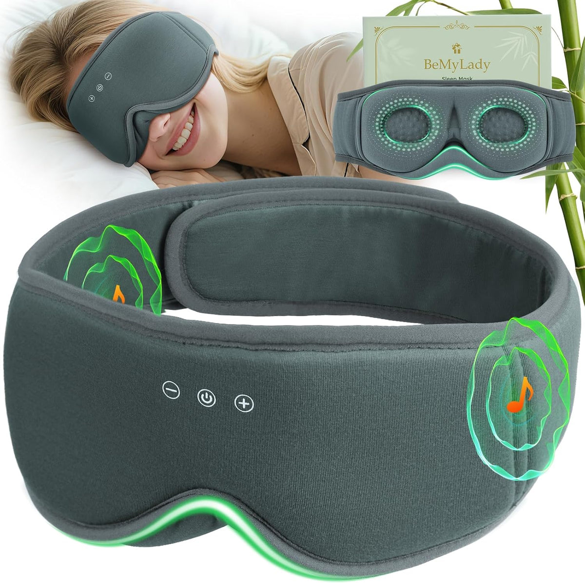 Bamboo Cotton Sleep Mask with Bluetooth Headphones, 100% Blackout, Grey