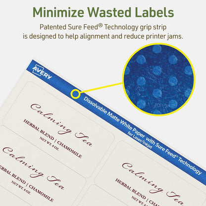 Avery Dissolvable Rectangle Labels, Sure Feed Technology, 2" x 4", Matte White, Laser/Inkjet Printable, 100 Labels Total, Freezer-Safe, Microwave-Safe, Refrigerator-Safe