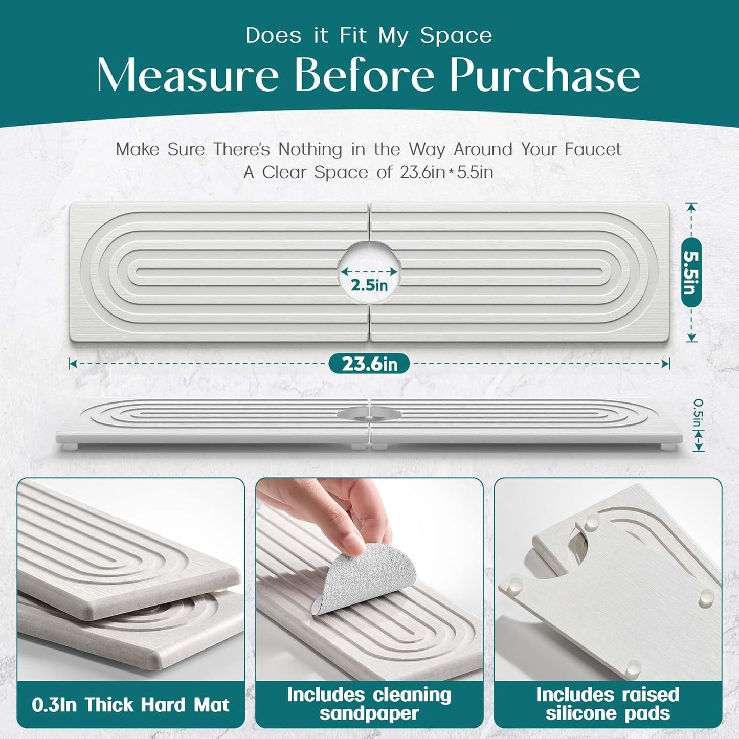 Stone Faucet Mat for Kitchen Sink – Diatomite Drying Stone Mat & Sink Protector, Prevents Moisture – Sink Splash Guard Water-Absorbing Stone Tray for Bathroom Counter (Light Grey, 20" x 3.9")