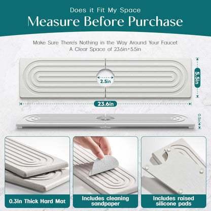 Stone Faucet Mat for Kitchen Sink – Diatomite Drying Stone Mat & Sink Protector, Prevents Moisture – Sink Splash Guard Water-Absorbing Stone Tray for Bathroom Counter (Light Grey, 20" x 3.9")