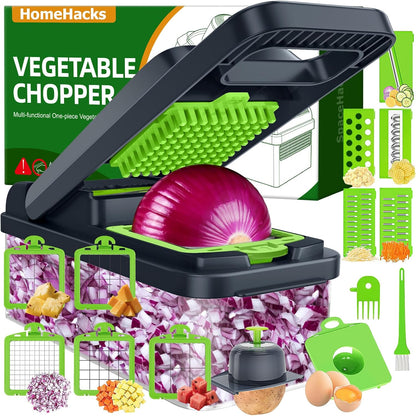 HomeHacks Vegetable Chopper Vegetable Cutter, 12 in 1 Kitchen Gadget, Dicer, Slicer, Onion Cutter, Salad, Cheese Grater & Egg Separator - Multi-Functional Veggie Chopper Lid with Handle (Green)