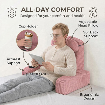 21 INCH Reading Pillow for Adults, Back Pillow for Bed Sitting Up, Backrest Pillow for Sitting in Bed, Detachable Arms with Built-in Cup & Phone Caddy (Gray, 21 INCH)