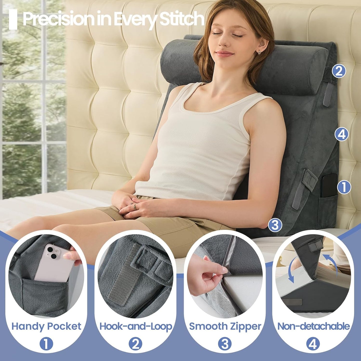 Sasttie Adjustable Wedge Pillow Set for After Surgery, Dark Grey & White | Bed Wedge Pillow Headboard with Memory Foam Neck Cushion, for Acid Reflux, Sleeping, Neck & Back Support
