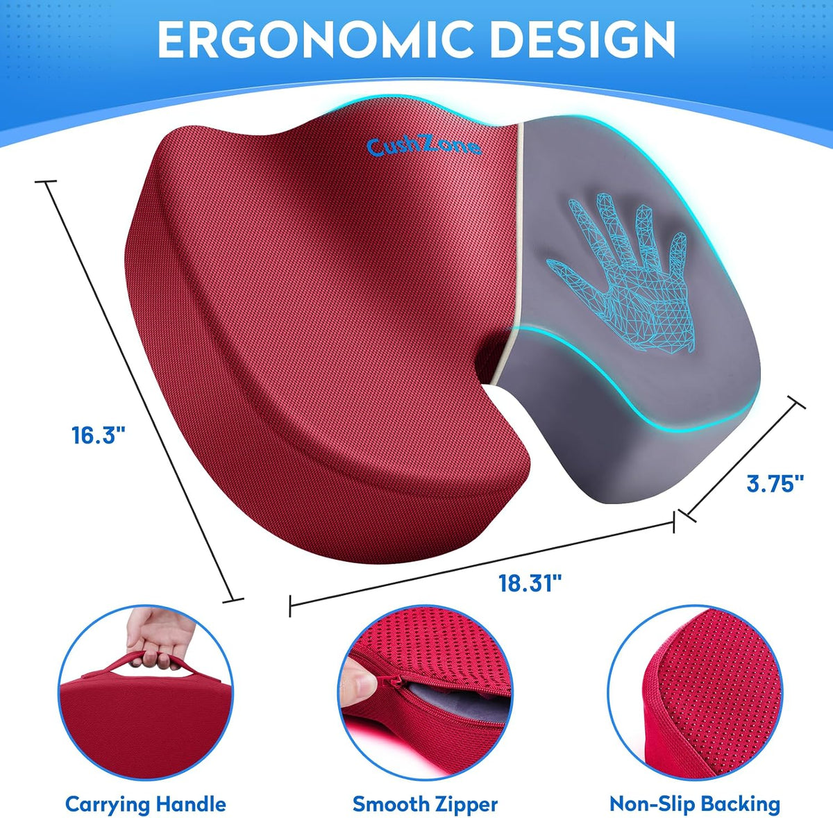 CushZone Seat Cushion Memory Foam Chair Pad for Office & Car, Black