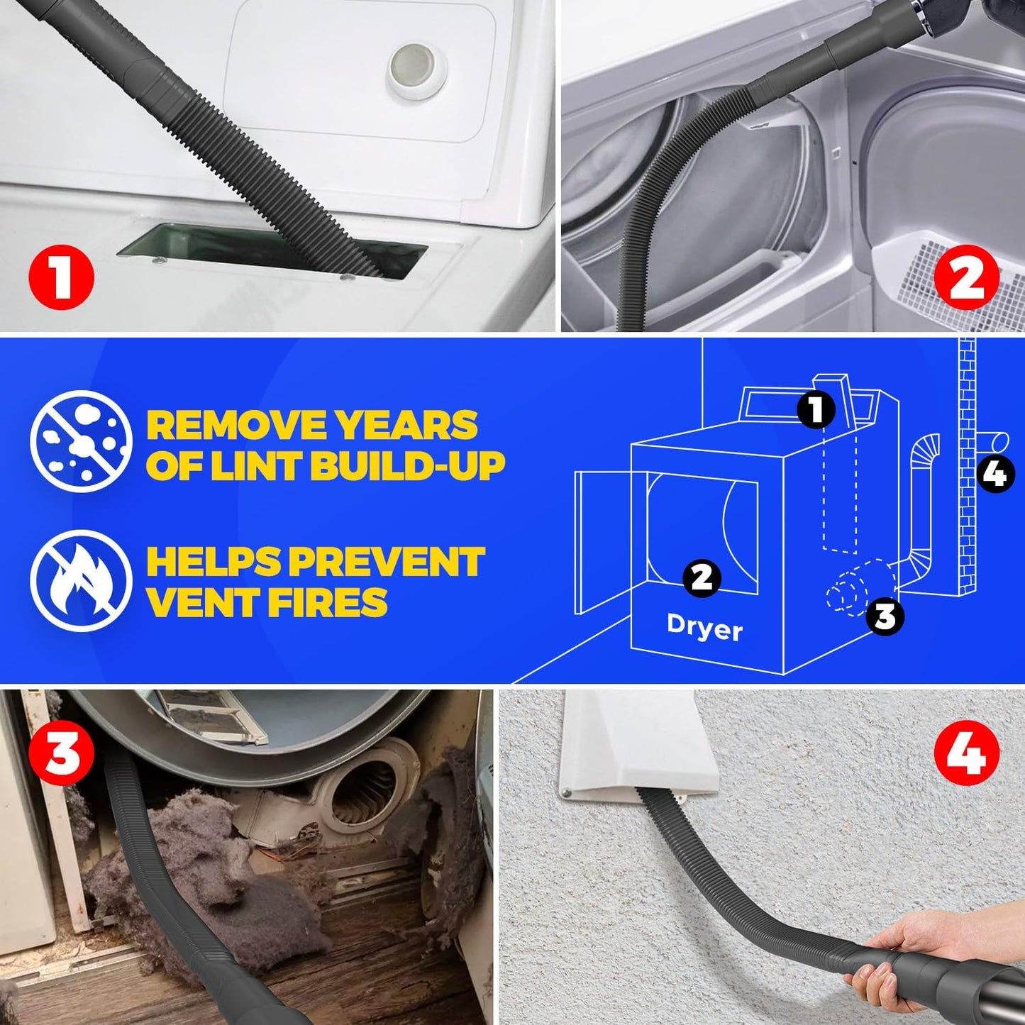 Holikme Dryer Vent Cleaner Kit 2Pack - Lint Vacuum Attachment & Brush | Blue Dryer Vent Vacuum Hose Attachment & Brush Reach Deep Traps - Remove Hidden Lint, Speed Drying & Reduce Fire Risk