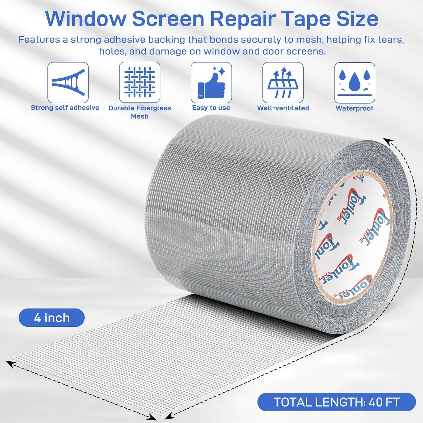 Gray Window Screen Repair Tape 2" x 40FT Fiberglass Strong Adhesive | Waterproof fiberglass mesh repair patch, fixes holes and tears, easy to cut and stick for window door screen repair