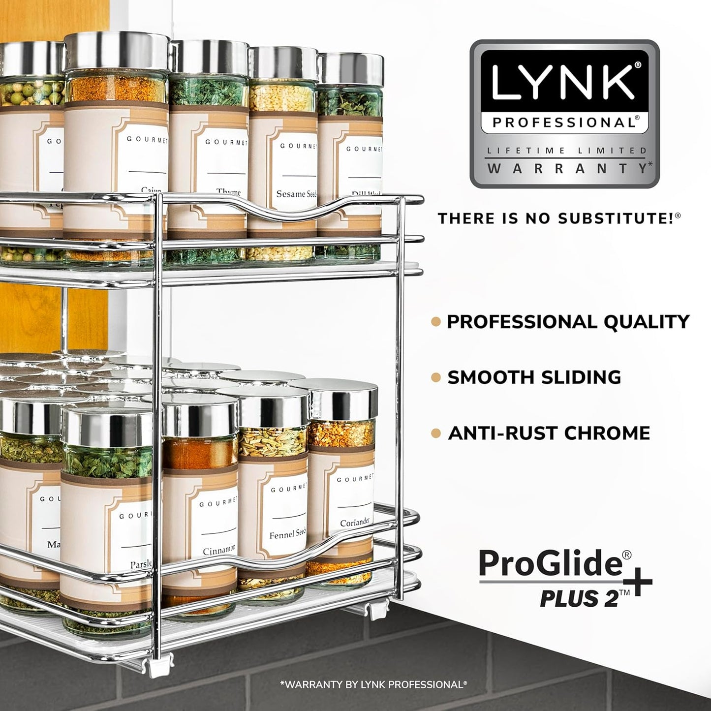 LYNK PROFESSIONAL® Pull Out Spice Organization for Cabinets - 4-3/8 inch Wide – Spice Rack for Inside Cabinets, Slide Out Spice Rack Organizer for cabinet – Pull Out Spice Rack, Sliding 2 Tier Chrome