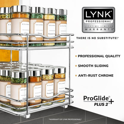 LYNK PROFESSIONAL® Pull Out Spice Organization for Cabinets - 4-3/8 inch Wide – Spice Rack for Inside Cabinets, Slide Out Spice Rack Organizer for cabinet – Pull Out Spice Rack, Sliding 2 Tier Chrome
