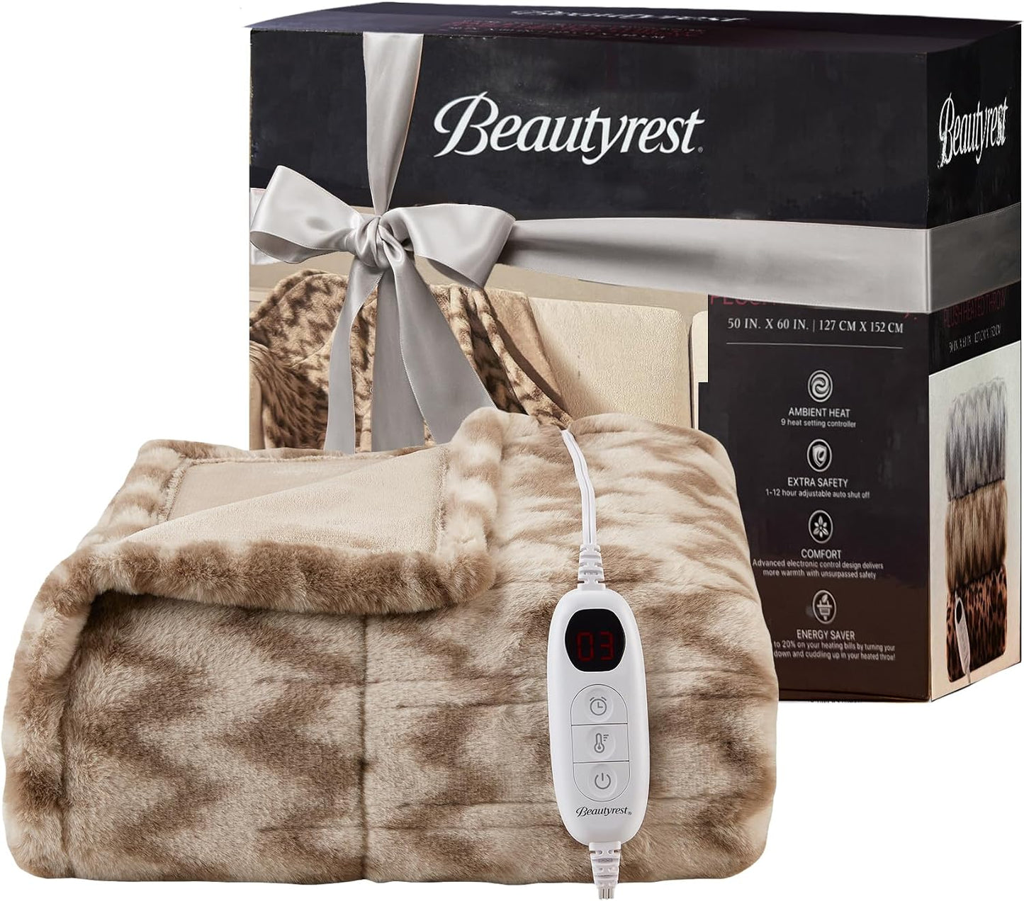 Beautyrest Long Brushed Faux Fur Ogee Textured Design Electric Blanket, Auto Shut Off, Virtually Zero EMF, Multi Heat Setting, UL Certified, Machine Washable, Grey Throw 50x60