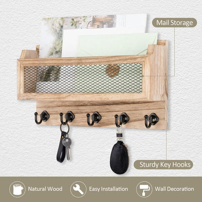 Nekon Mail and Key Holder for Wall Decorative, 11 Inch Mail Holder, Brown | Wooden Wall Key Organizer with 5 Key Hooks, Wall Mount Storage Shelf for Entryway Hallway
