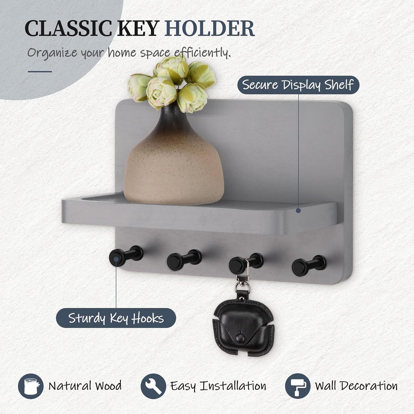 Nekon Key Holder for Wall with Shelf, Pine Wooden Key Hanger, Black | Small Wall Mounted Key Holder with 4 Hooks, Farmhouse Wall Organizer for Home Entryway & Apartment
