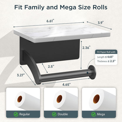 FORIOUS Toilet Paper Holder with Shelf, Natural Marble, Commercial | Brushed Nickel, Wall Mount 304 Stainless Steel Commercial Bathroom Tissue Roll Dispenser, Heavy Duty Washroom Paper Storage