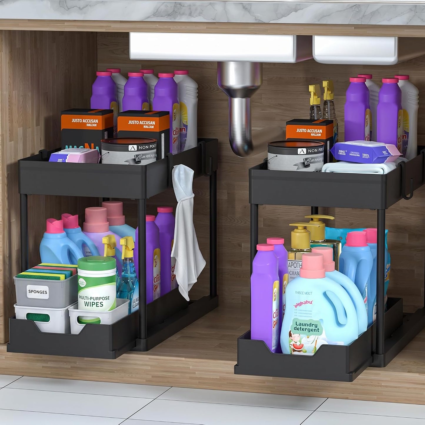 DEKAVA Under Sink Organizer 2 Pack, Bathroom Cabinet Organizer, 2 Tier Sliding Cabinet Basket Organizer Drawer, Multi-Purpose Bath Collection Baskets for Bathroom (Black)