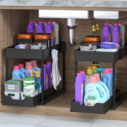 DEKAVA Under Sink Organizer 2 Pack, Bathroom Cabinet Organizer, 2 Tier Sliding Cabinet Basket Organizer Drawer, Multi-Purpose Bath Collection Baskets for Bathroom (Black)