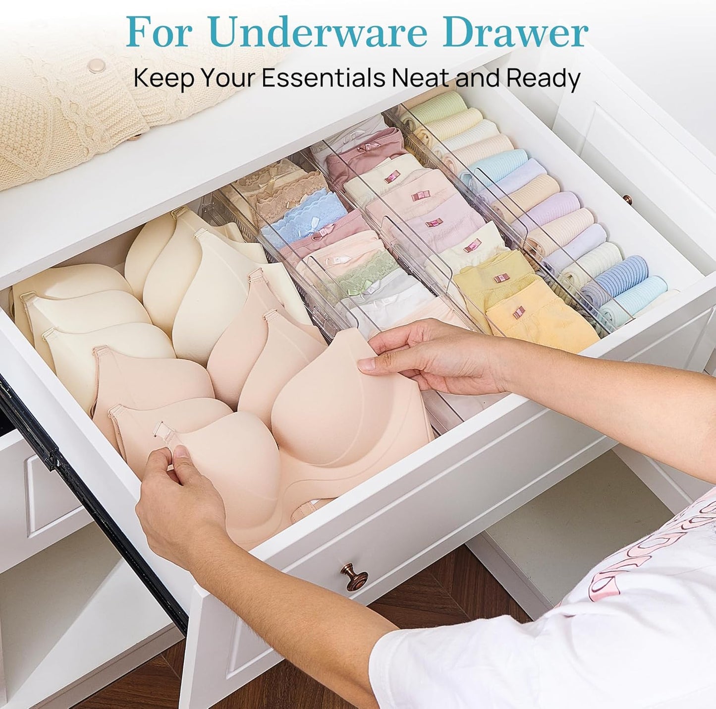 Vtopmart 12 Pack Drawer Dividers for Clothes, 4" High 10.2"-16.5" Adjustable Expandable Dresser Drawer Organizer, Clear Plastic Separators for Dresser, Baby Clothing, Underwear, Cosmetic, Toiletries | Expandable Dresser Drawer Organizer, Clear Plastic