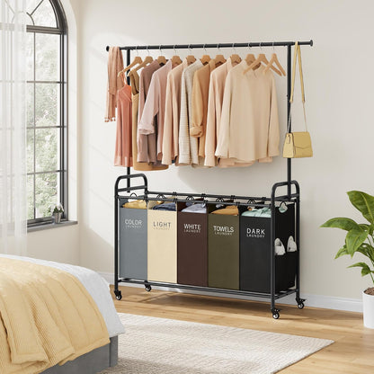 Laundry Cart with Hanging Rack, 65 Gal. Large Laundry Hamper, Beige | Rolling Laundry Cart with Hanging Bar with Removable Bag and Lockable Wheels, Separator Hamper Cart for Bedroom, Bathroom