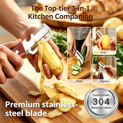 2 Pack Premium Vegetable Peeler with Wooden Handle and Bottle Opener,Stainless Steel Peeler,Vegetable Peeler for Kitchen, Peeling Fruits and Shredding Scallions