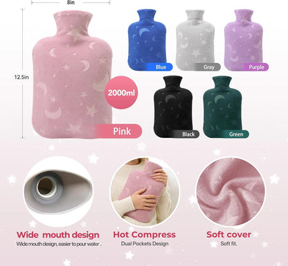 Hot Water Bottle with Soft Cover, 2L Hot Water Bag for Menstrual Cramps, Neck and Shoulder Pain Relief, Hot and Cold Therapies, Hand Feet Warmer, Blue