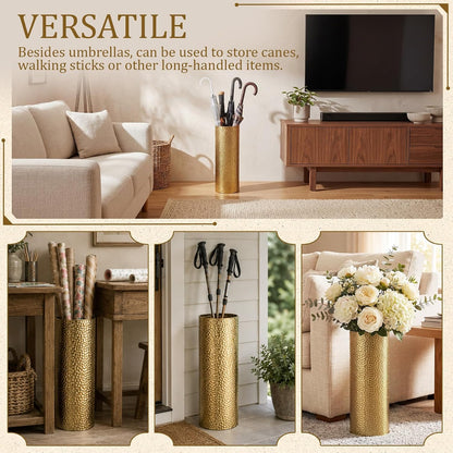 Lounsweer Metal Hammered Umbrella Stand, Gold Cylindrical Umbrella Holder for Entryway, Free Standing Canes Walking Sticks Organizer, Round Waterproof Drip Container for Home Office, 15.8 x 5.9 in