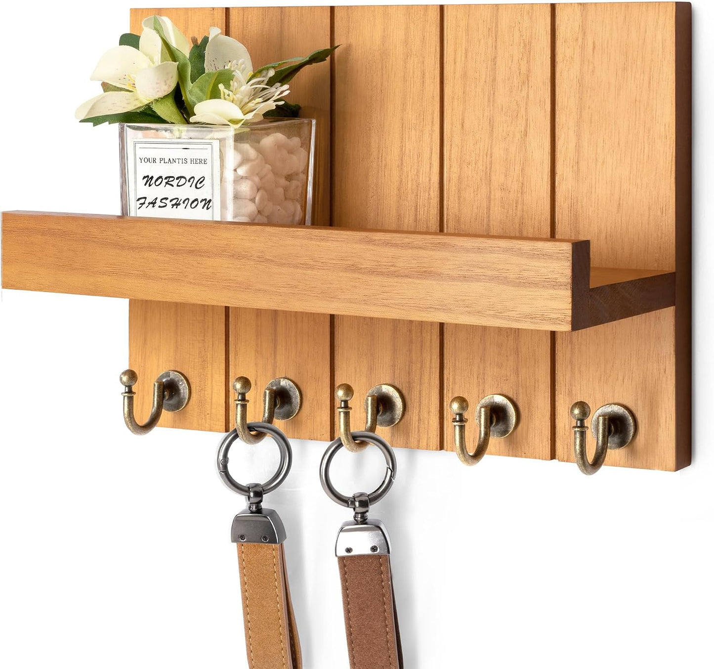 Rebee Vision Key Holder Wall Mount with 5 Key Hooks for Home Decor, Brown | 3.54'' x 10'' x 7.28'', Small Shelf for Display Plant, Key Hangers for Hat, Entryway Space-Saving Storage