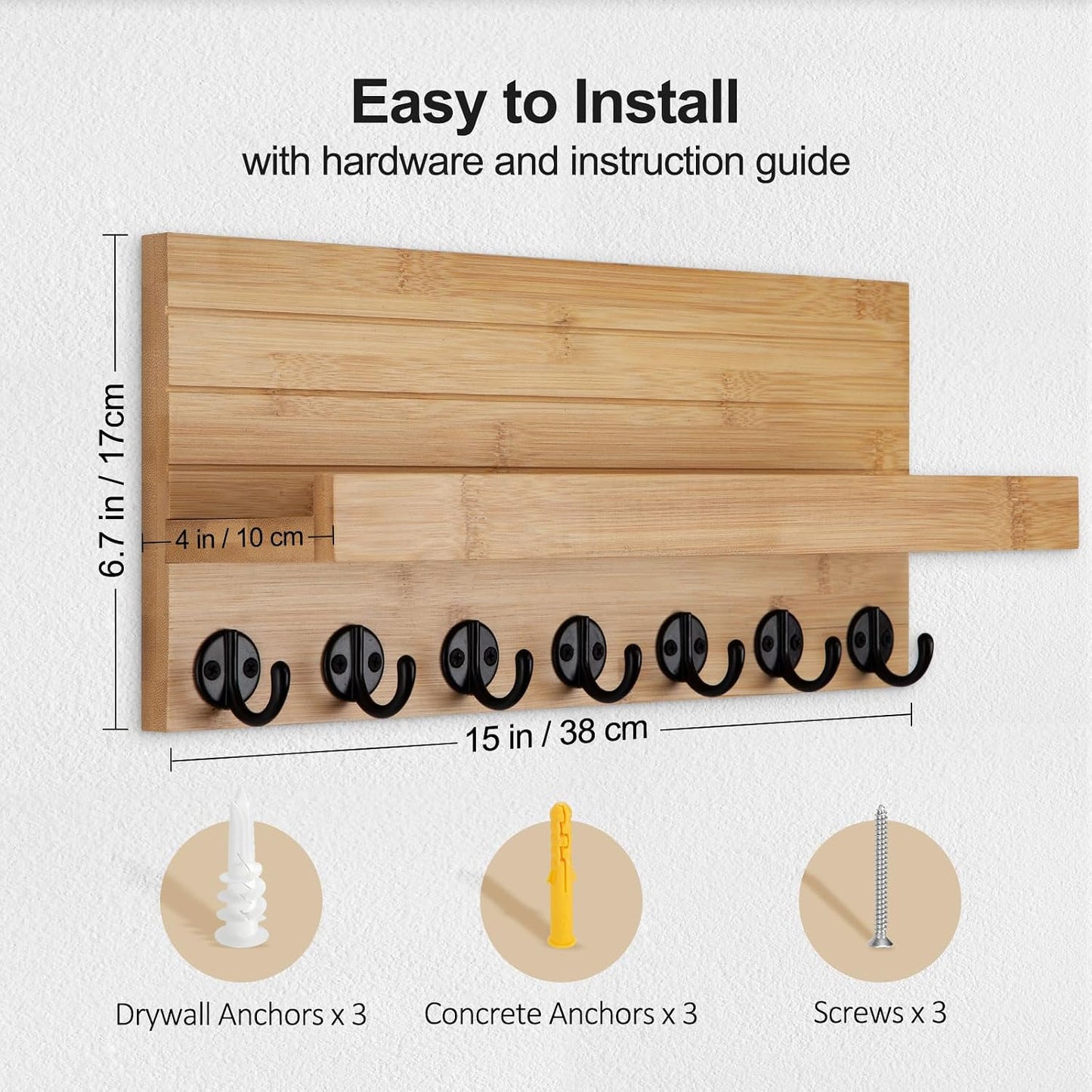 Lwenki Key Holder Wall Mount, Entryway Key and Mail Holder with 7 Sturdy Hooks for Sunglasses, Dog Leash, Decorative Wall Shelf with Mounting Hardware, 15”W x 6.7”H x 4.2”D
