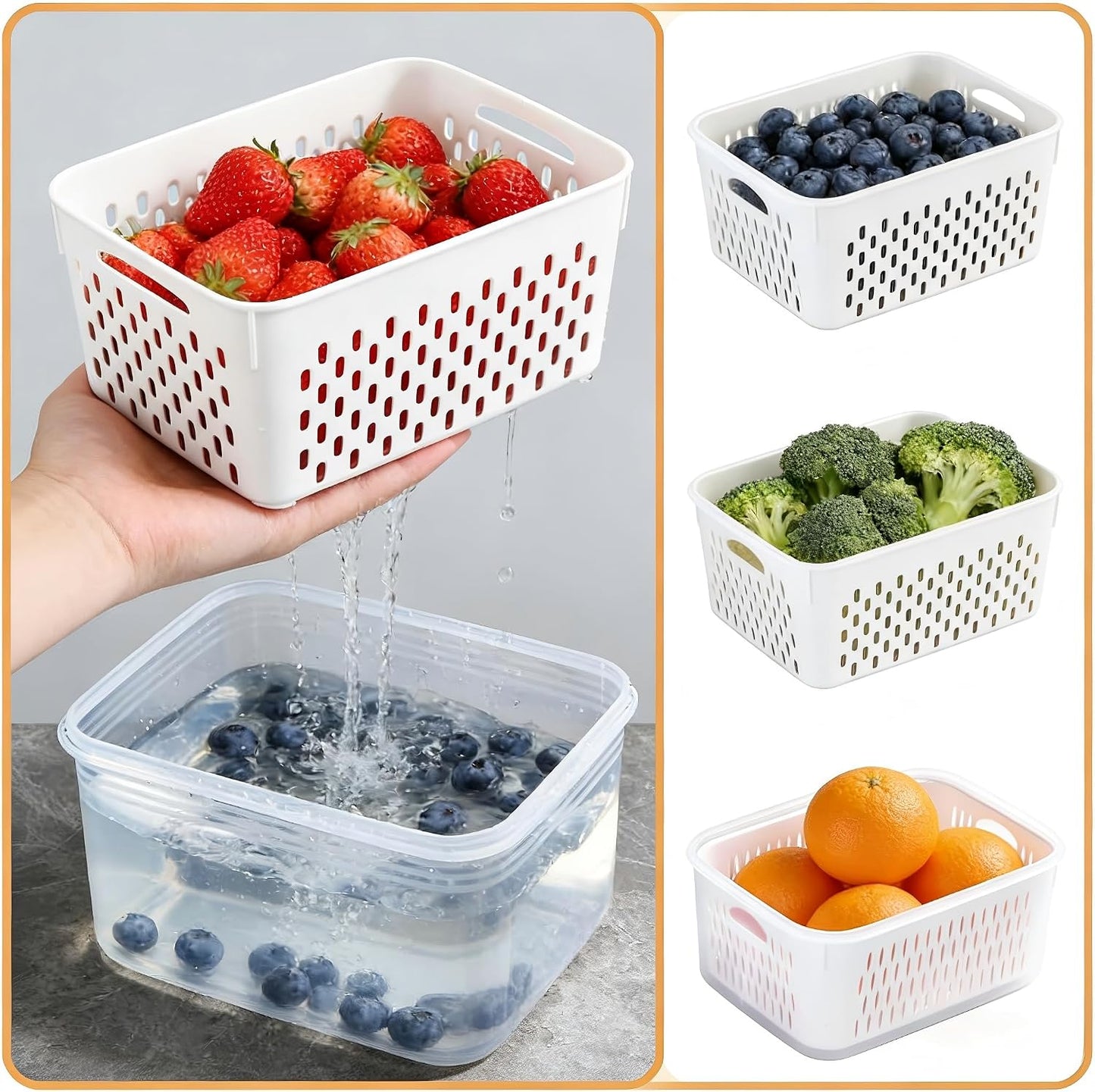 3-Pack Fresh Fruit Storage Containers for Fridge with Strainer & Drain Lid | Produce Keeper with Removable Colander, BPA-Free Plastic Crisper for Berries Vegetables Nuts, Fresh