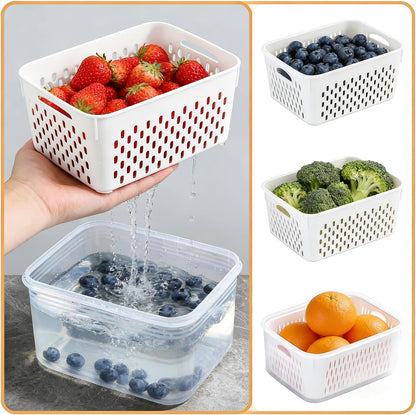 3-Pack Fresh Fruit Storage Containers for Fridge with Strainer & Drain Lid | Produce Keeper with Removable Colander, BPA-Free Plastic Crisper for Berries Vegetables Nuts, Fresh