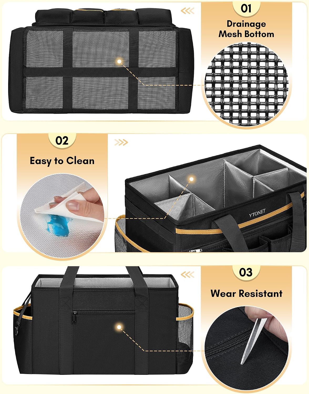Ytonet Cleaning Caddy Bag, Extra Large Cleaning Supplies Organizer, Black | Detachable Apron & Foldable Dividers, 900D Cleaning Tote with Handle, Portable Cleaner Caddy for Housekeeper, Detailing Bag