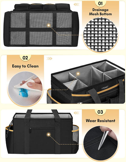 Ytonet Cleaning Caddy Bag, Extra Large Cleaning Supplies Organizer, Black | Detachable Apron & Foldable Dividers, 900D Cleaning Tote with Handle, Portable Cleaner Caddy for Housekeeper, Detailing Bag