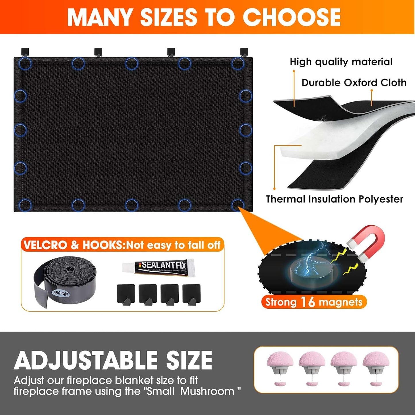 CADARA Fireplace Blocker Blanket Stops Heat Loss, Magnetic Fireplace Draft Stopper, Indoor Fire Place Draft Cover with Hook and Loop Tapes, Cold Air Blocker Save Energy, Black 42" W x 28" H