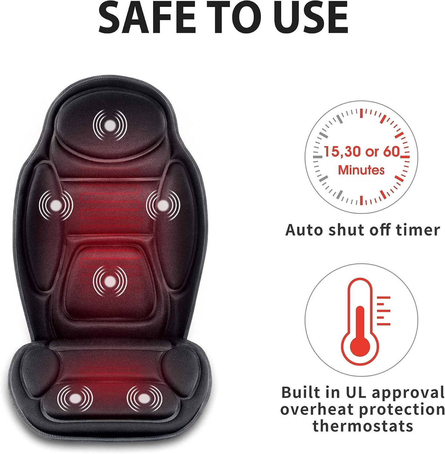 Snailax Massage Seat Cushion - Back Massager with Heat, 6 Vibration Massage Nodes & 2 Heat Levels, Massage Chair Pad for Home Office Chair, Black