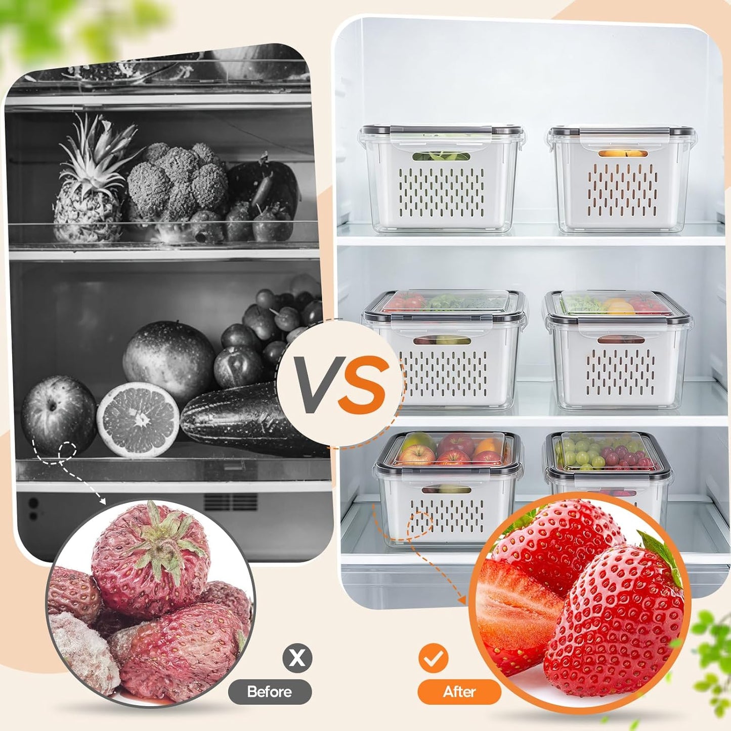 JSCARES Fruit Storage Containers for Fridge with Removable Colander, 6 Pack | Plastic Produce Saver for Refrigerator, Fruit Organizers Keep Berry Veggie Fresh Longer, Dishwasher Safe, Largest 6.55 Quart