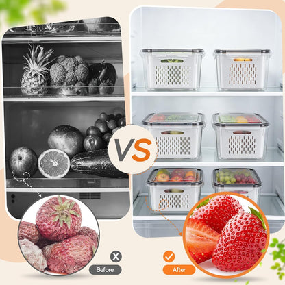 JSCARES Fruit Storage Containers for Fridge with Removable Colander, 6 Pack | Plastic Produce Saver for Refrigerator, Fruit Organizers Keep Berry Veggie Fresh Longer, Dishwasher Safe, Largest 6.55 Quart