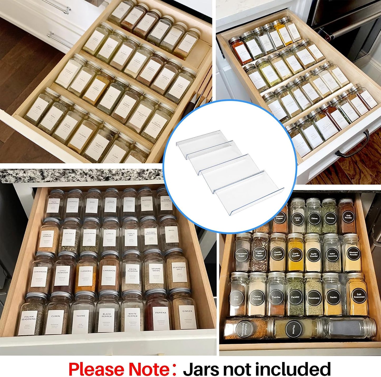 MIUKAA Clear Acrylic Spice Drawer Organizer, 4 Tier- 2 Set Expandable From 9" to 18" Seasoning Jars Drawers Insert, Kitchen Spice Rack Tray for Drawer/Countertop (Jars not included)