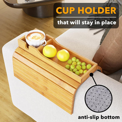 SpaceAid Bamboo Couch Cup Holder, Anti Falling Foldable Sofa Armrest Tray with Cup Holder, Couch Arm Side Table Organizer for Drink Cup Remote Snacks (Natural)