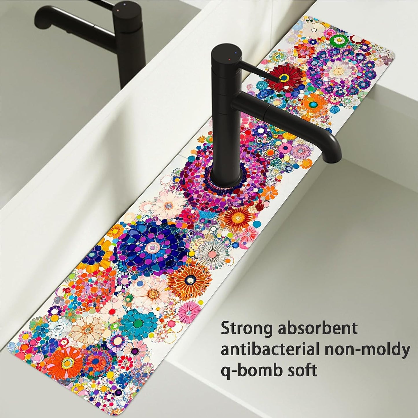 Bimkole 2 PCS Faucet Absorbent Mat, Kitchen Faucet Sink Splash Guard Wraparound Cloth Pads Drip Catcher for Sink Faucet for Kitchen Bathroom Faucet, Colorful Faucet Mat, 15 x 4 Inch Flower A6