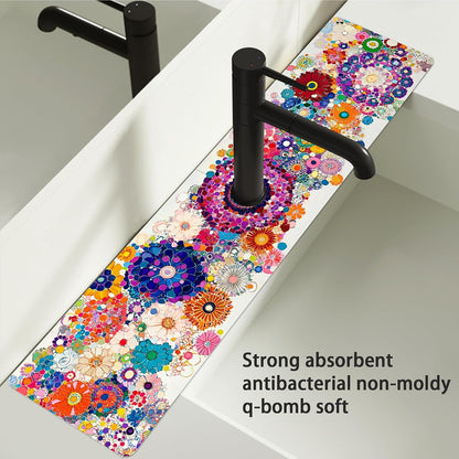 Bimkole 2 PCS Faucet Absorbent Mat, Kitchen Faucet Sink Splash Guard Wraparound Cloth Pads Drip Catcher for Sink Faucet for Kitchen Bathroom Faucet, Colorful Faucet Mat, 15 x 4 Inch Flower A6