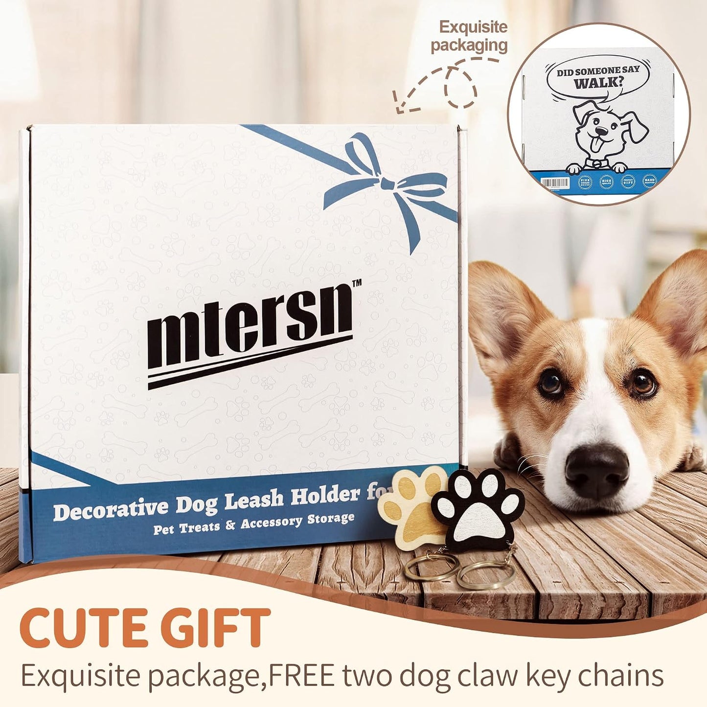 MTERSN Dog Leash Holder Wall Mount with 3D Paws Hooks, Distressed White | Bone-Shaped Dog Leash Holder for Wall, Leash Holder, 5 Dog Leash Hook, Pet Accessories Storage, Gift for Dog Lovers