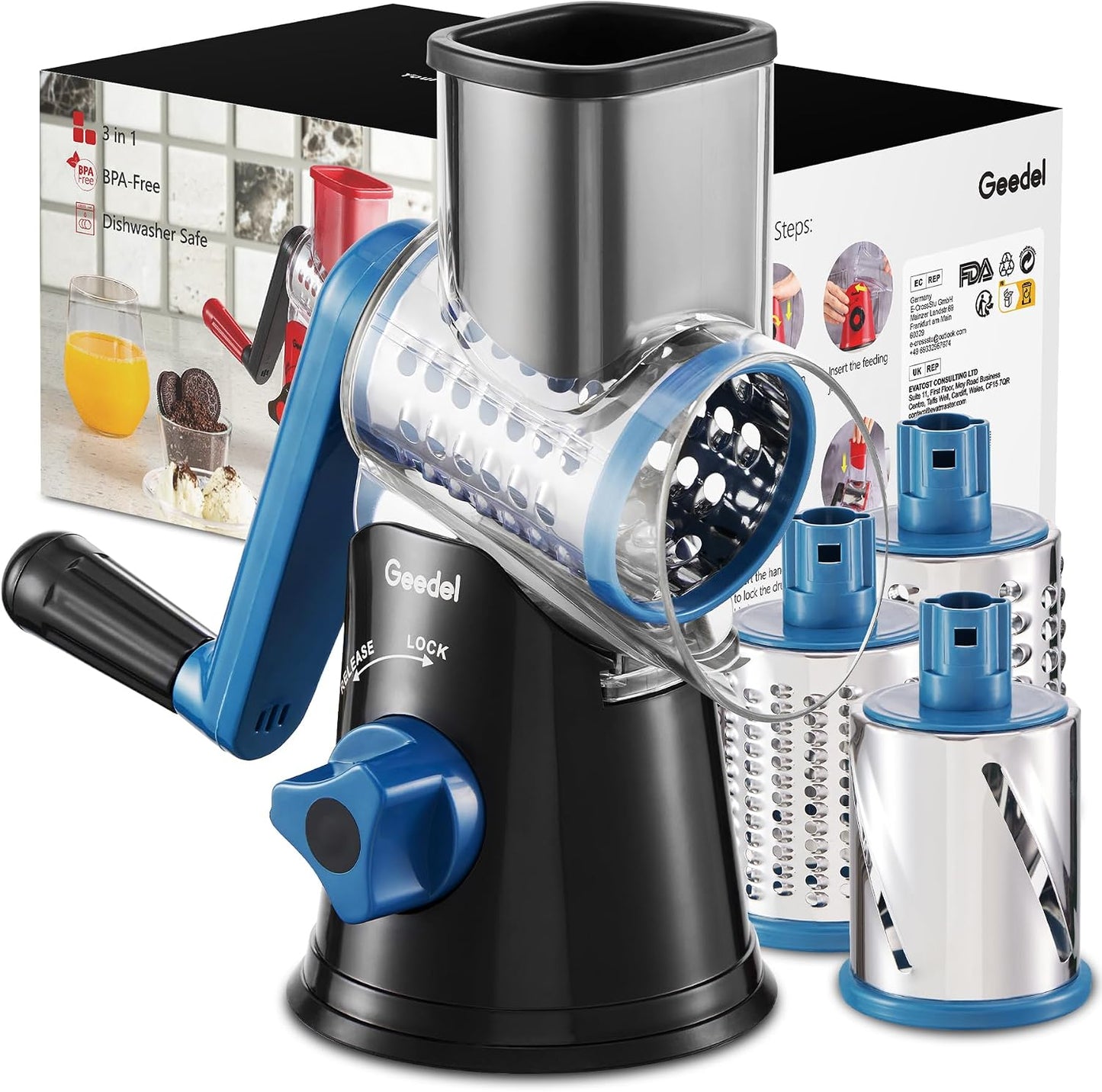 Geedel Rotary Cheese Grater, Kitchen Mandoline Vegetable Slicer with 3 Interchangeable Blades, Easy to Clean Rotary Grater Slicer for Fruit, Vegetables, Nuts | 3 Blades, 430 Stainless Steel, 12x Fast Cutting, Strong Suction Base, No BPA, Dishwasher Safe,