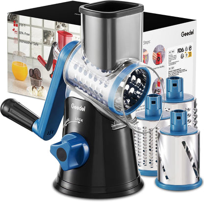 Geedel Rotary Cheese Grater, Kitchen Mandoline Vegetable Slicer with 3 Interchangeable Blades, Easy to Clean Rotary Grater Slicer for Fruit, Vegetables, Nuts | 3 Blades, 430 Stainless Steel, 12x Fast Cutting, Strong Suction Base, No BPA, Dishwasher Safe,