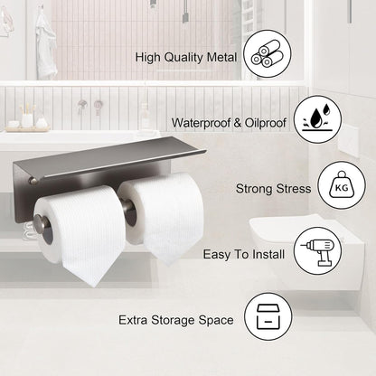 Black Toilet Paper Roll Holder with Shelf Wall Mounted for Bathroom (Black, Double Head)